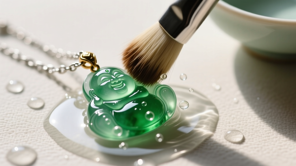 Soft brush cleaning a green jadeite buddah pendant in soapy water, avoiding the brass bail and delicate silver chain.