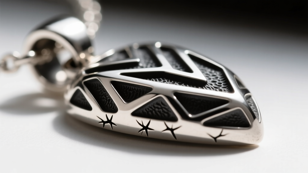 Macro shot of a lost-wax cast sterling silver pendant showing sprue marks and dark oxidized patina in recessed geometric grooves.