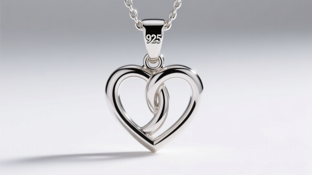 Macro photography of an interlocking double heart silver pendant showing the 925 hallmark stamped on the bail, sharp focus