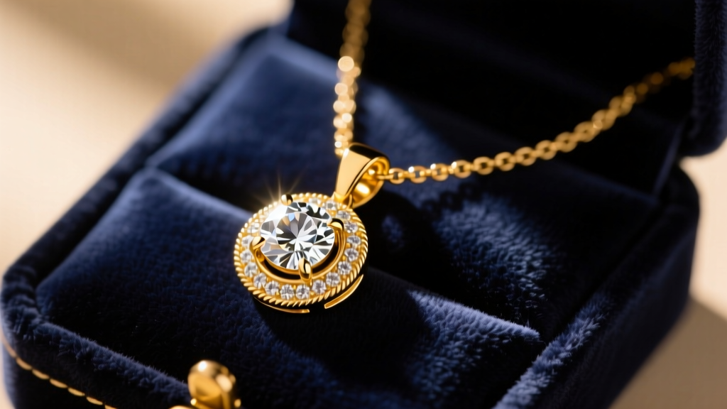 14k yellow gold diamond pendant necklace on dark velvet gift box, warm lighting highlighting facets, macro jewelry photography.