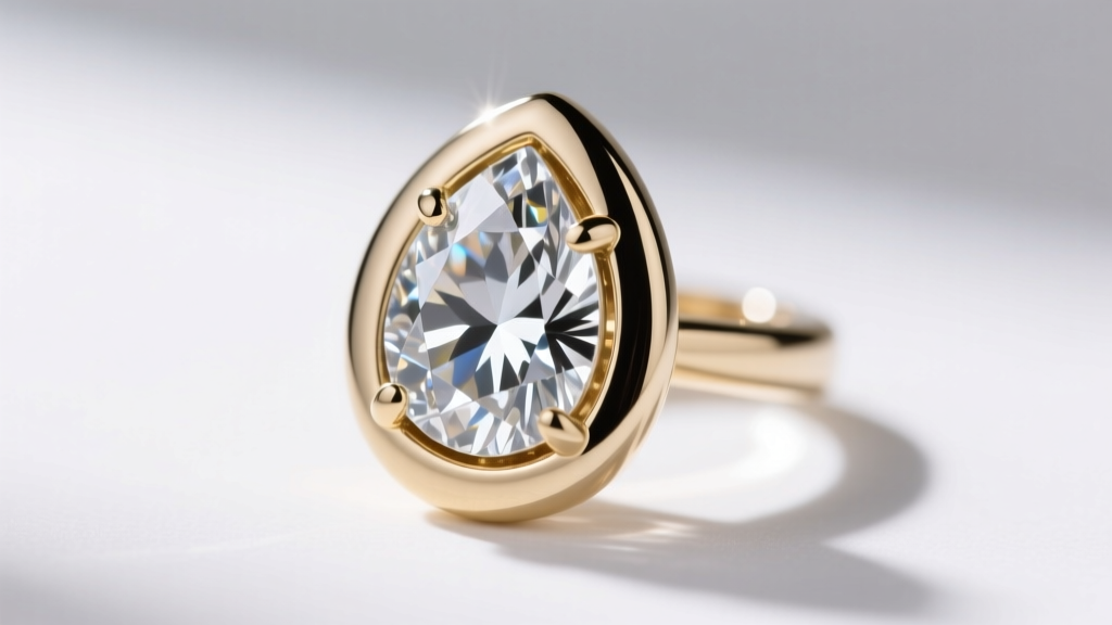 Close-up of a 14k white gold bezel setting securing a diamond teardrop earring, highlighting the protective metal rim detail.
