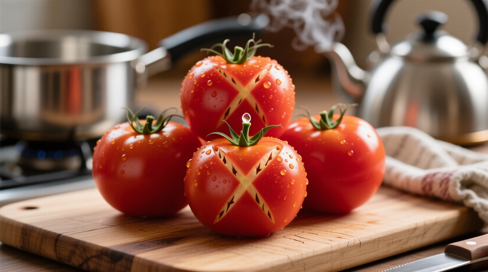 Fresh tomatoes with scored bottoms ready for blanching