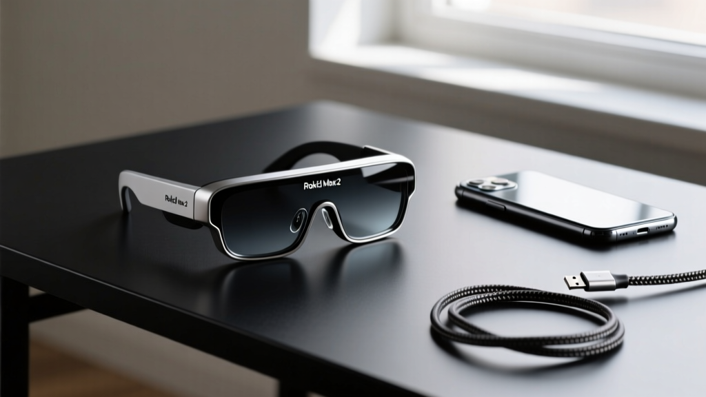 Close-up of the Rokid Max 2 AR glasses resting on a matte black desk next to a glowing smartphone and a braided USB-C cable.