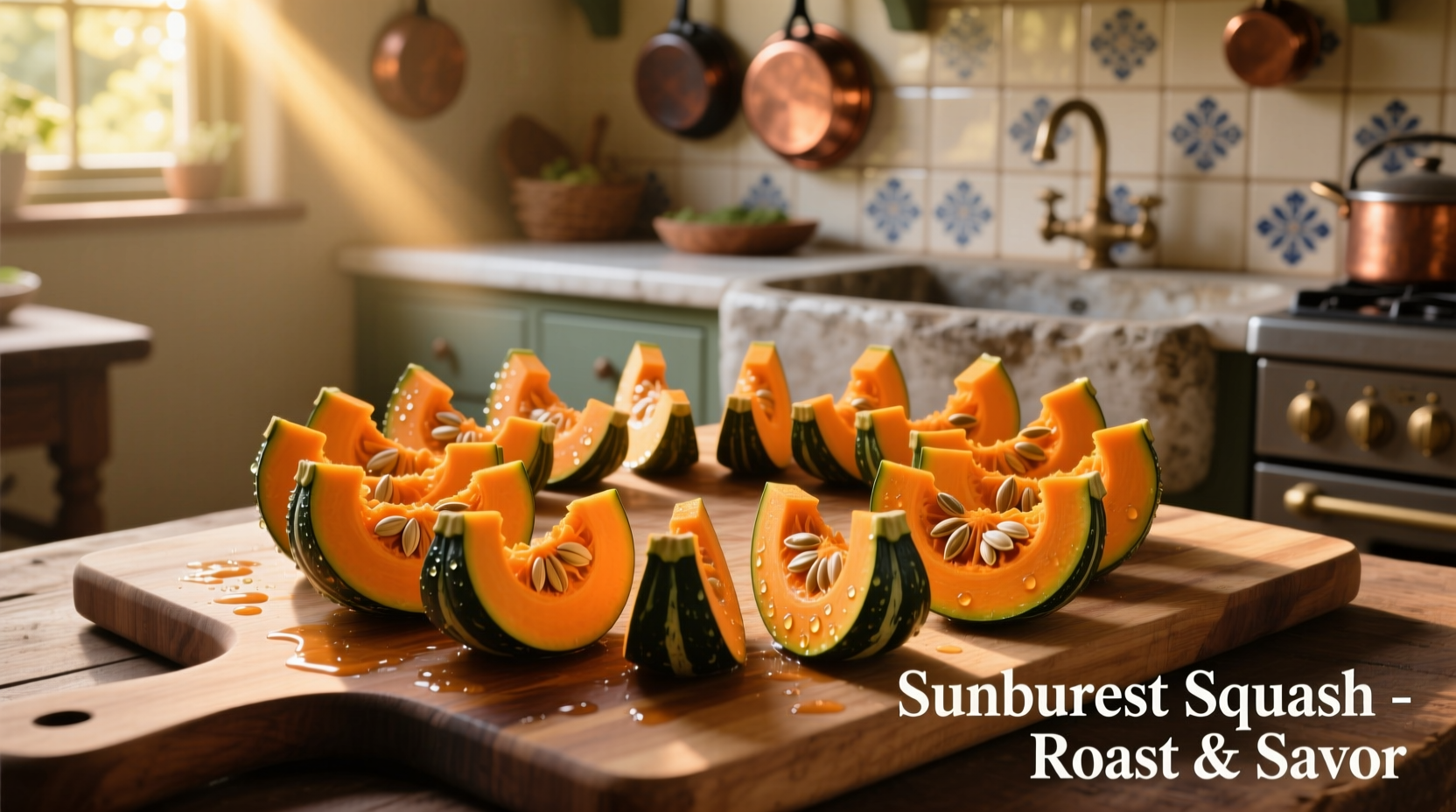 Fresh sunburst squash sliced and ready for roasting