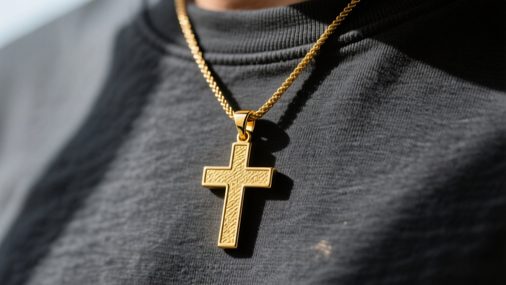 Close-up of a brushed 14k yellow gold mens cross pendant hanging on a 3mm rope chain against a dark charcoal t-shirt background.