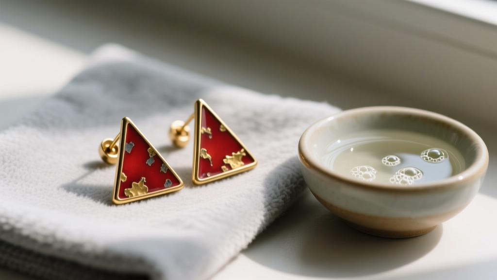 Tarnished 80s brass and enamel triangle earrings resting on a microfiber cloth next to a small bowl of gentle jewelry cleaner.