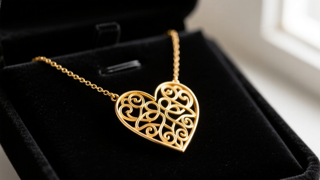 Traditional Portuguese 19.2k gold filigree heart necklace on dark velvet, soft lighting highlighting intricate wirework details.