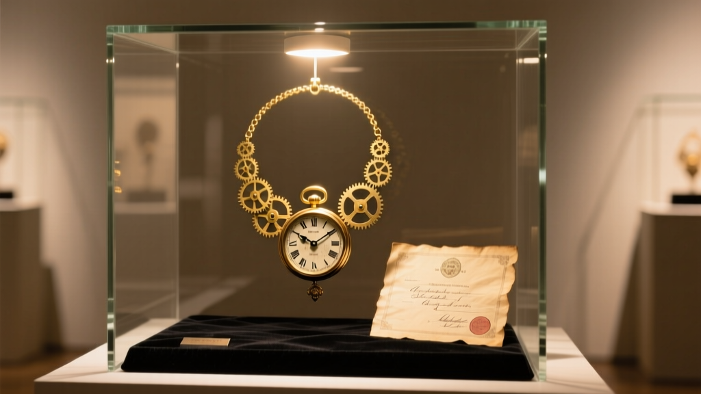 Glass display case showing a vintage oversized clock necklace next to an authenticity certificate under warm gallery spotlighting.