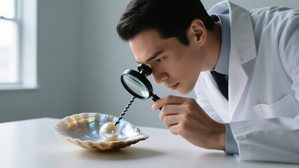 Jeweler using a loupe to inspect an Edison pearl drill hole, verifying nacre layers and checking for shell-core bead treatments.
