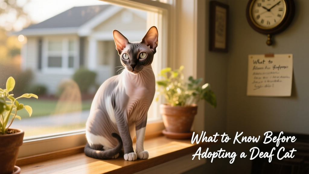 A calm, confident deaf cat sitting on a sunlit windowsill, looking alert and engaged with its surroundings