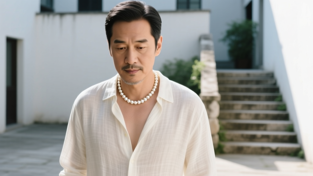 Man in open linen shirt wearing a single strand of 8mm white Akoya pearls, natural sunlight, editorial menswear photography