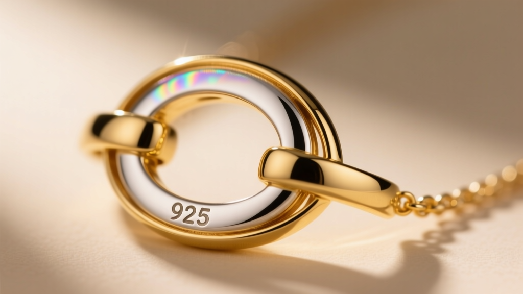 Macro shot of a gold vermeil necklace clasp showing a 925 silver hallmark and thick gold layer under a bright jeweler
