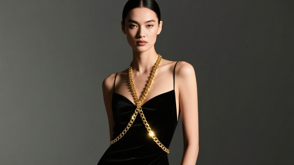 14k gold body chain draped across the torso over a black backless gown, highlighting the silhouette in dim studio lighting.