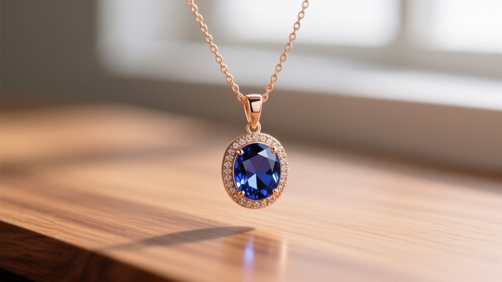 A 14k rose gold granddaughter necklace with a bezel-set sapphire birthstone pendant catching bright natural window light on wood.