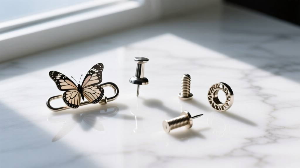 Flat lay of butterfly friction, threadless push-pin, and internally threaded earring backings resting on a white marble surface