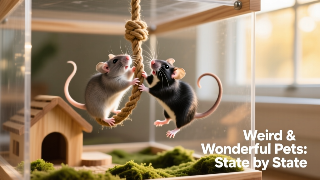 Two pet rats playfully swinging on a rope toy inside their enclosure