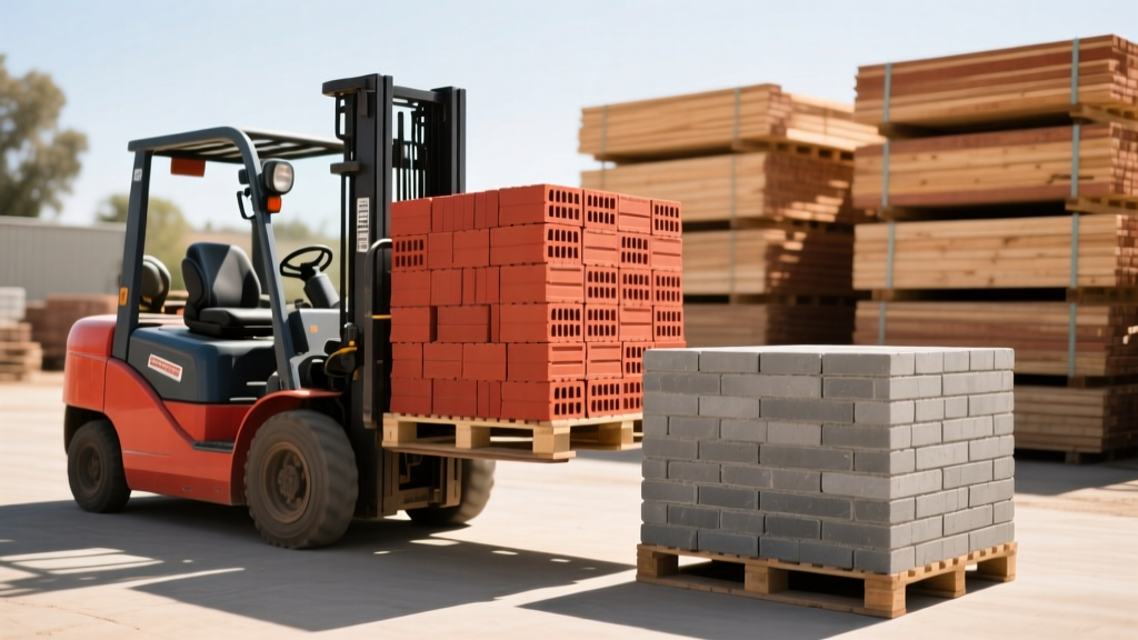 Forklift moving pallets of red clay face bricks and grey paving bricks at a sunny Sacramento brickyard with lumber in background