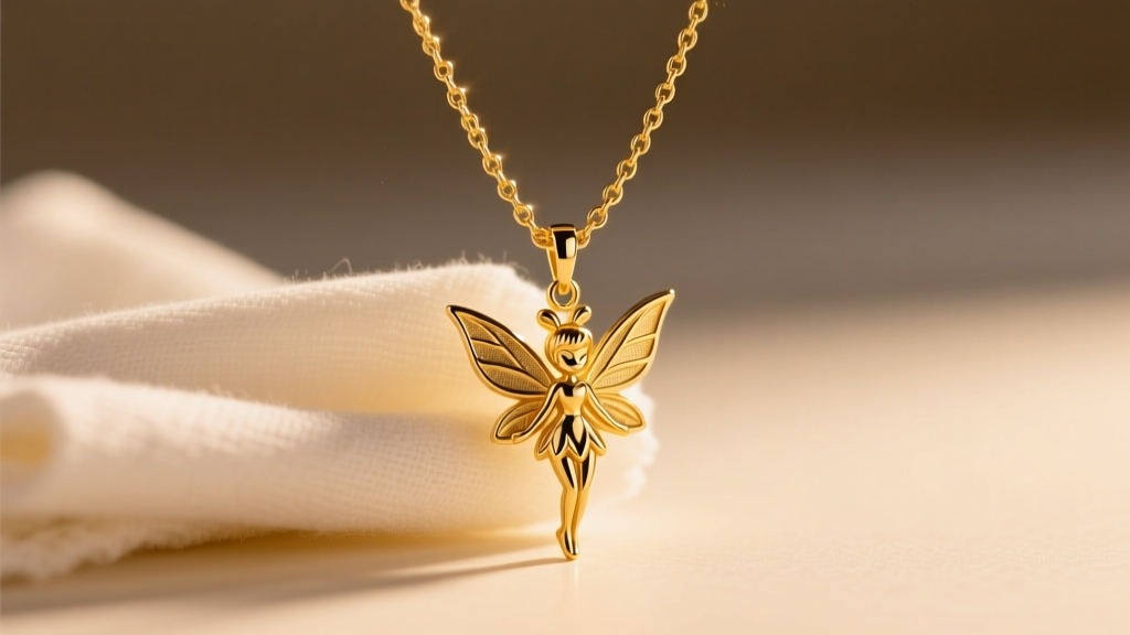 Close-up of a gold-plated Tinker Bell necklace chain being gently wiped with a damp lint-free cloth under warm studio lighting