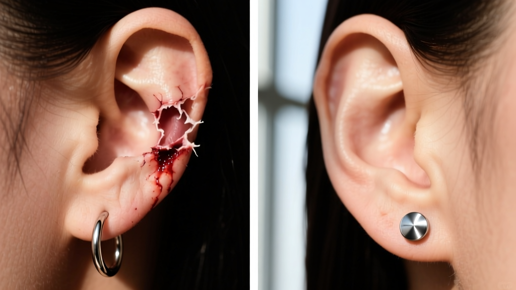 Split-screen of a torn earlobe from a snagged hoop next to a healed lobe wearing a secure, flush-fitting titanium flat-back stud.