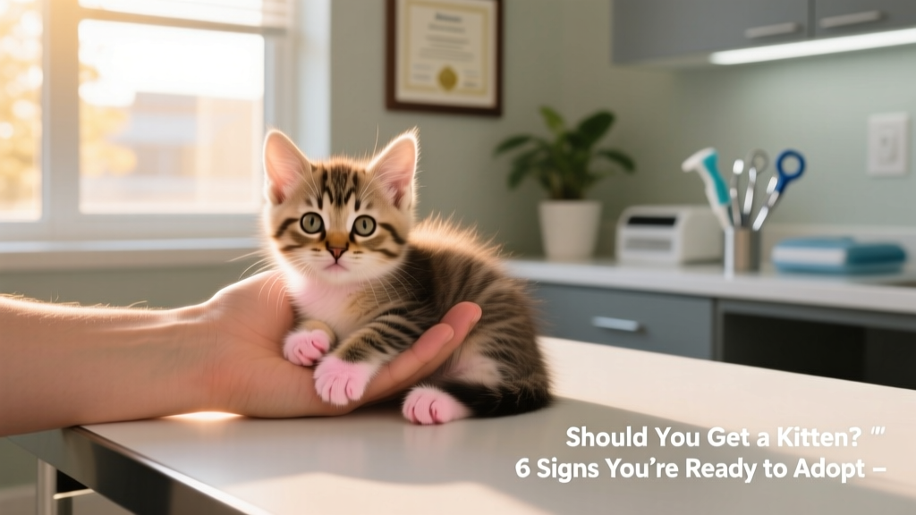 A gentle hand holding a young kitten during a vet checkup