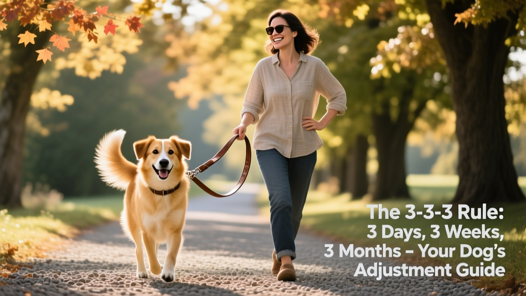 A happy dog walking confidently on leash beside their owner on a tree-lined path, both smiling