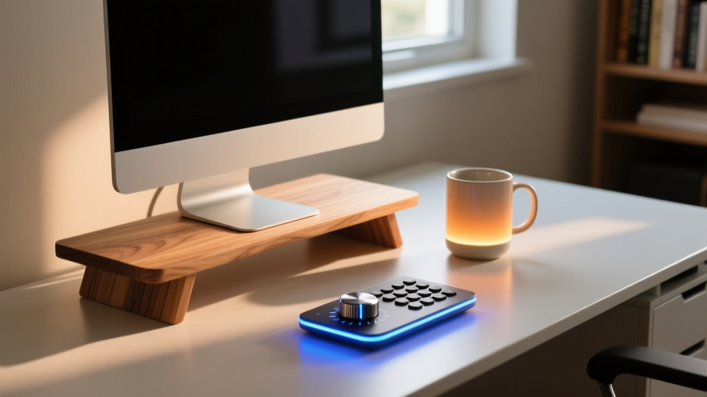 Modern home office desk featuring a wooden monitor stand, smart mug, and macro dial pad illuminated by warm bias lighting