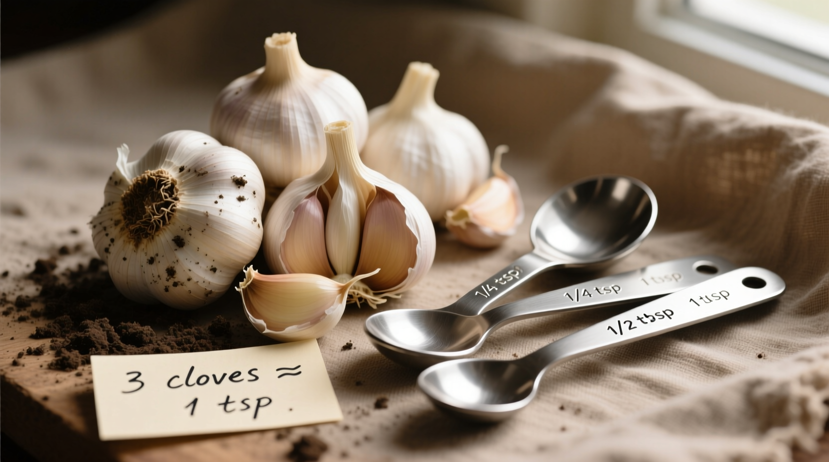 Fresh garlic cloves next to measuring spoons showing conversion