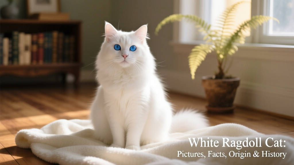 A pure white Ragdoll cat sitting calmly on a soft blanket, gazing softly at the camera