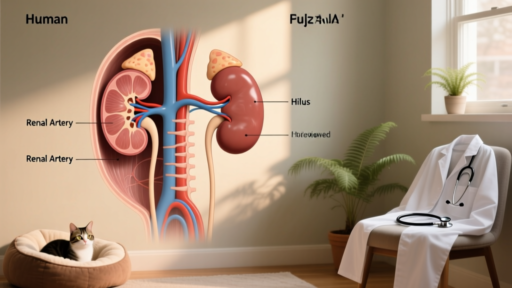 Side-by-side anatomical illustration comparing human and cat kidney placement