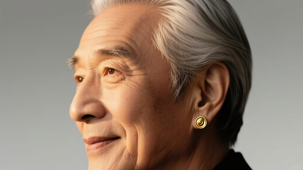 Close-up of a distinguished older man with silver hair wearing minimalist 14k gold screw-back stud earrings in soft lighting.