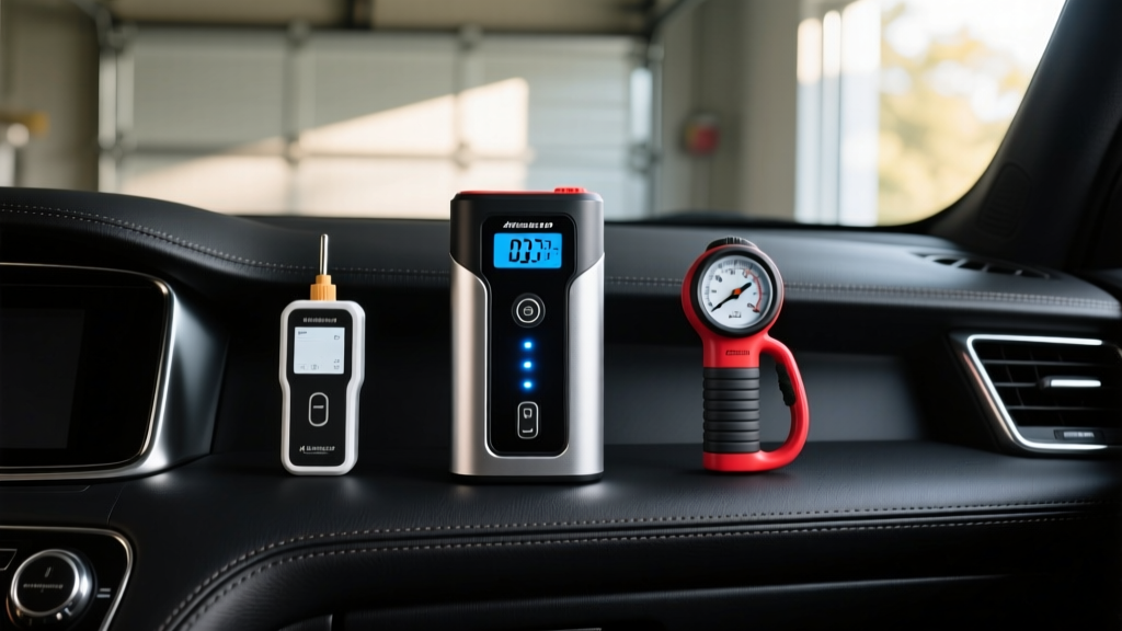 Organized car console featuring a compact lithium jump starter, an OBD2 scanner, and a digital tire inflator on dark leather.