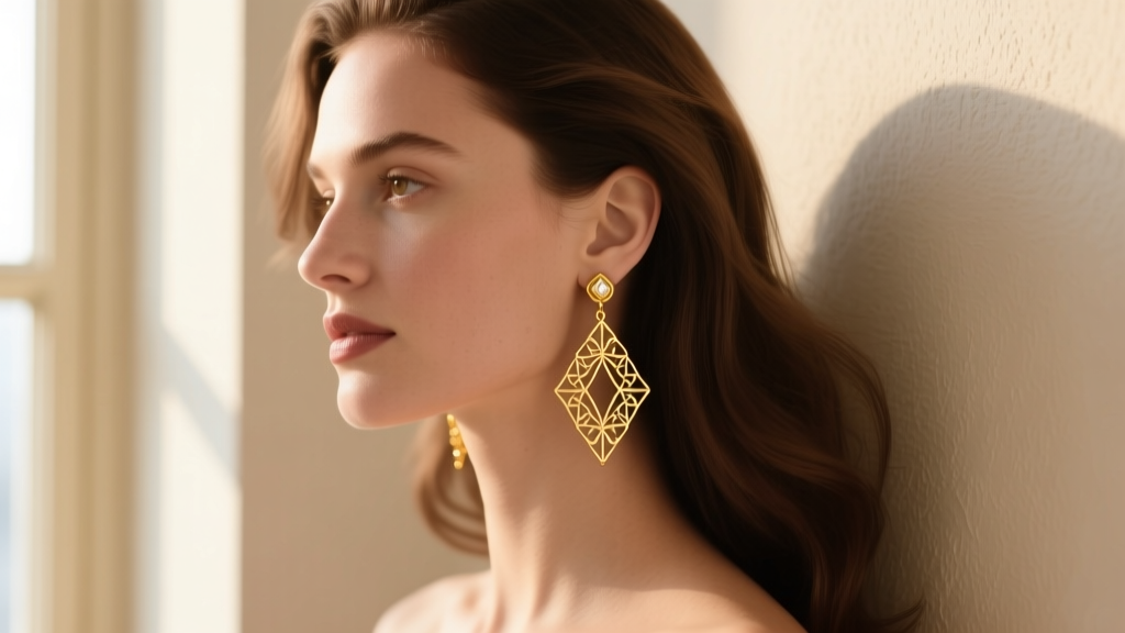 Woman wearing vintage Lewis Segal 18k gold dangle earrings, photographed in soft natural window light against a warm neutral wall.