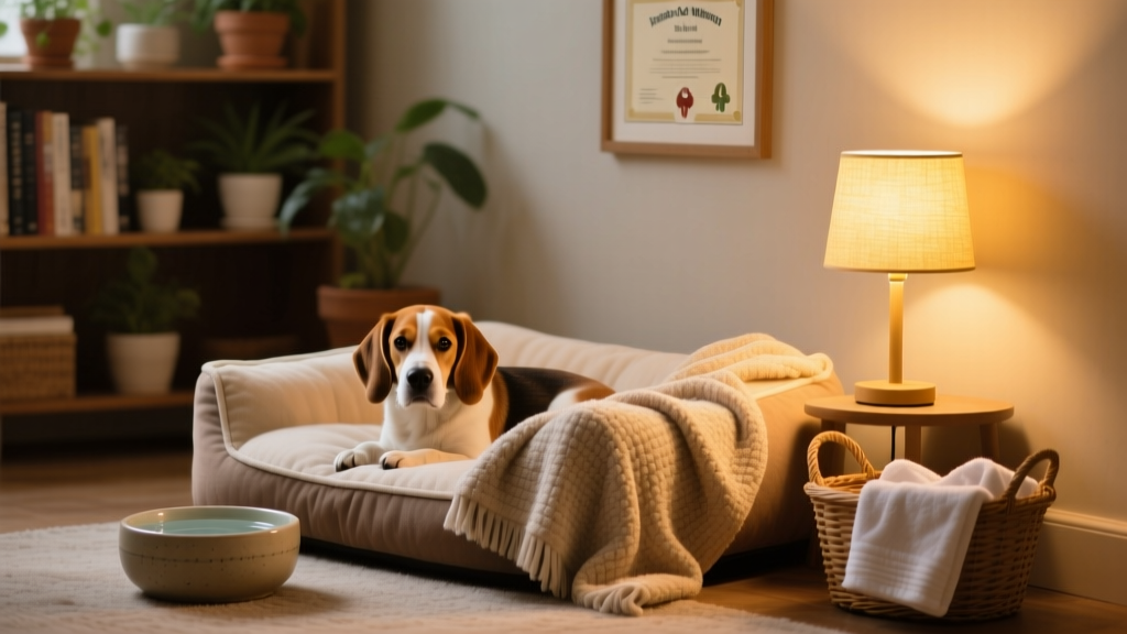 Cozy corner setup with dog bed, soft blanket, water bowl, and nearby calming light