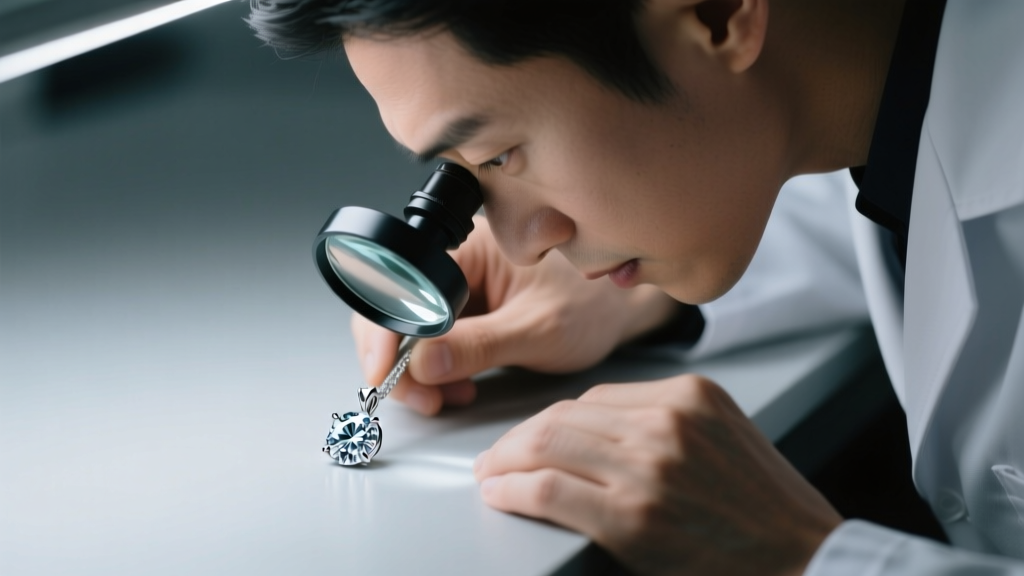 Jeweler using a 10x loupe to inspect a small diamond pendant for carbon inclusions and fracture filling under bright LED lighting