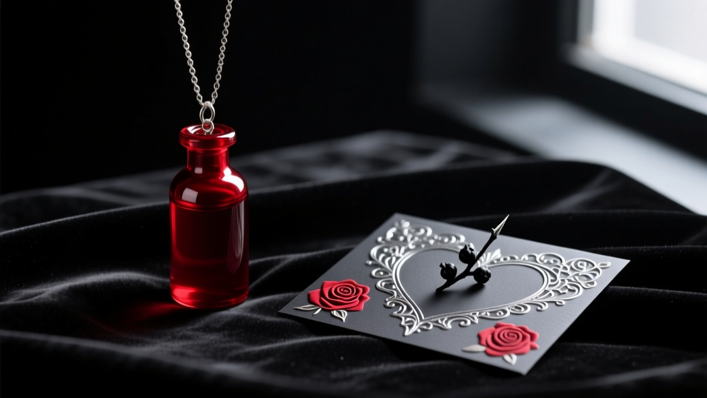 A moody flat-lay of a gothic vial of blood necklace resting on black velvet next to a dark romance Valentine