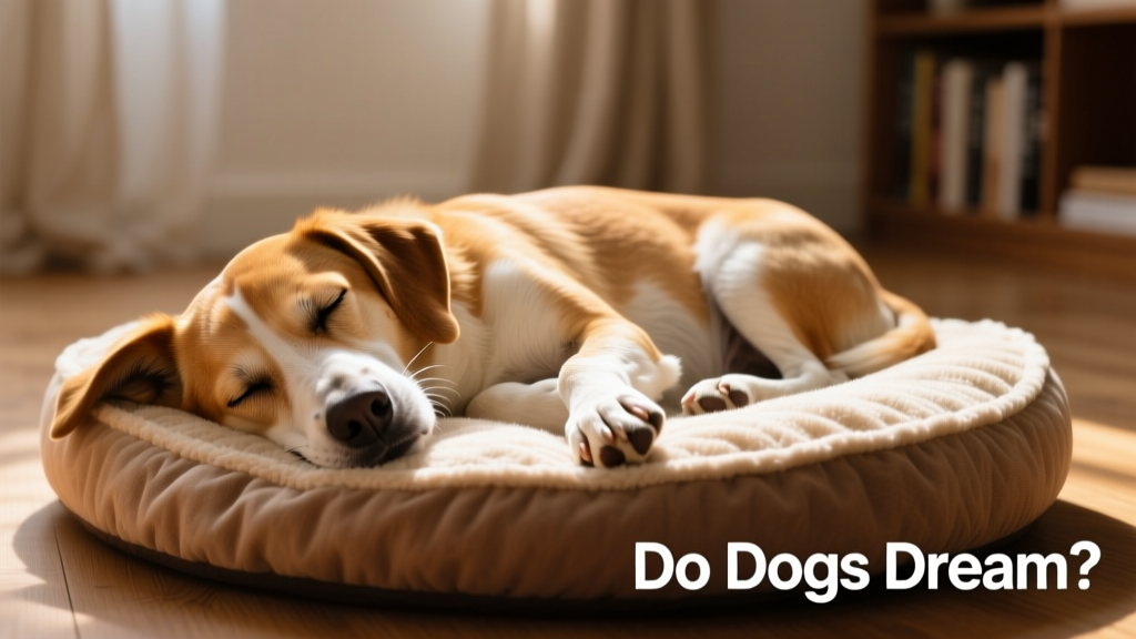 A sleeping dog with eyes closed, paws twitching slightly, lying on a cozy pet bed