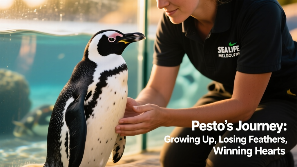 A young King Penguin standing tall beside a keeper at SEA LIFE Melbourne, showcasing early adult feathering