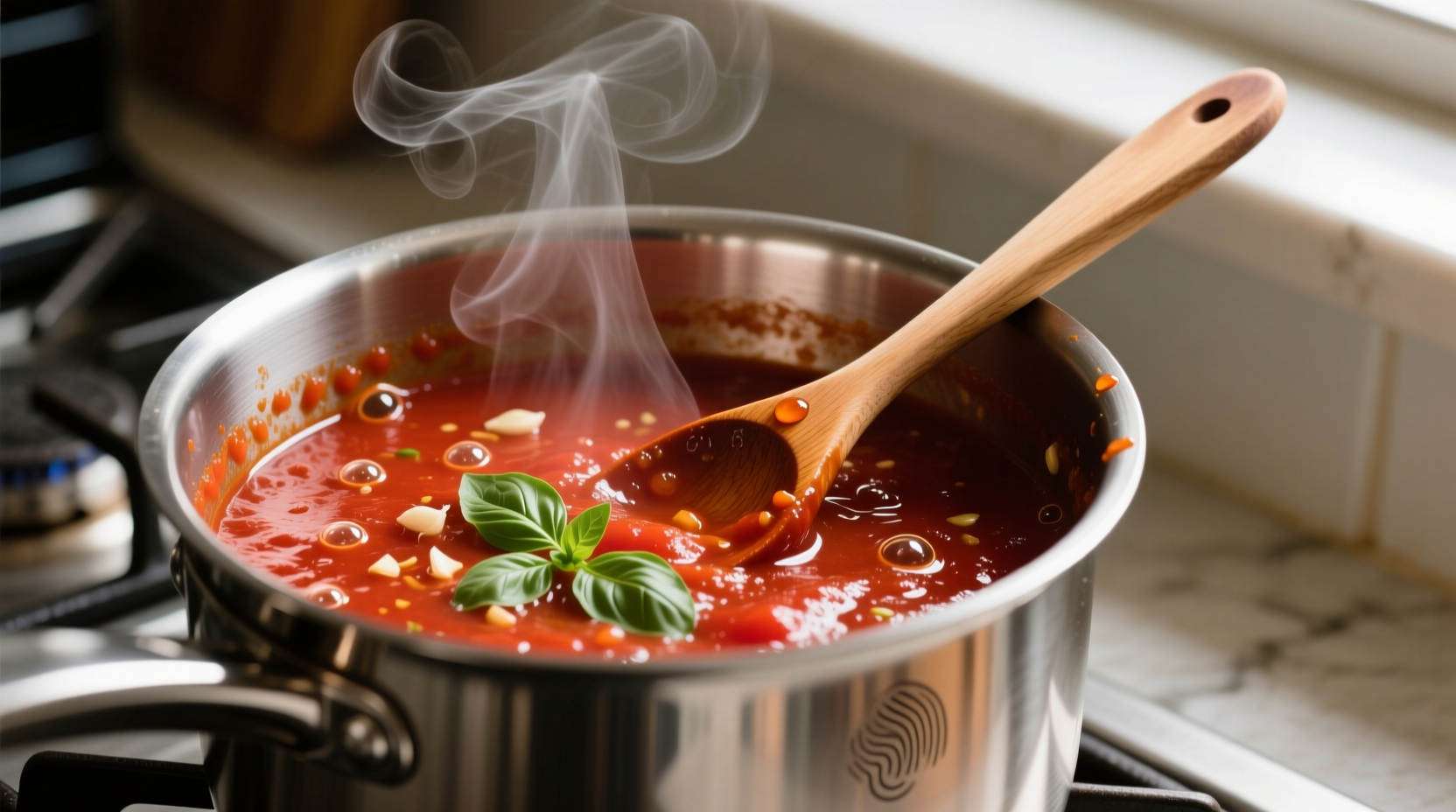 Homemade tomato sauce simmering in stainless steel pot