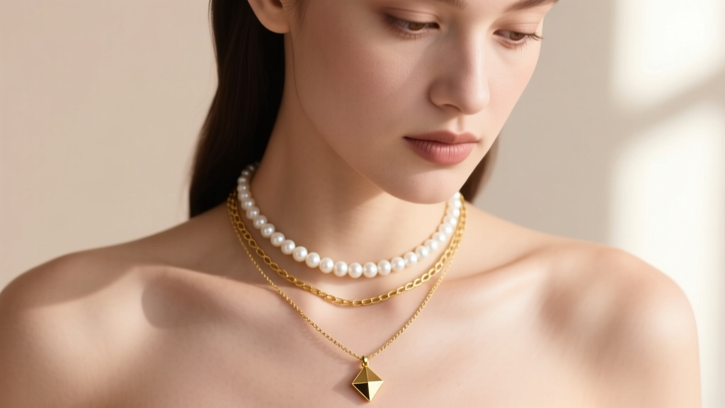 Close-up of a model wearing three layered necklaces of varying lengths, featuring a pearl choker, gold lariat, and a pendant chain