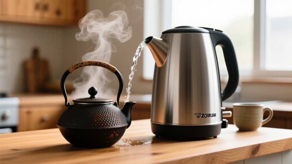 Zojirushi Micom water boiler dispensing steaming hot water into a cast iron tetsubin teapot on a wooden kitchen counter