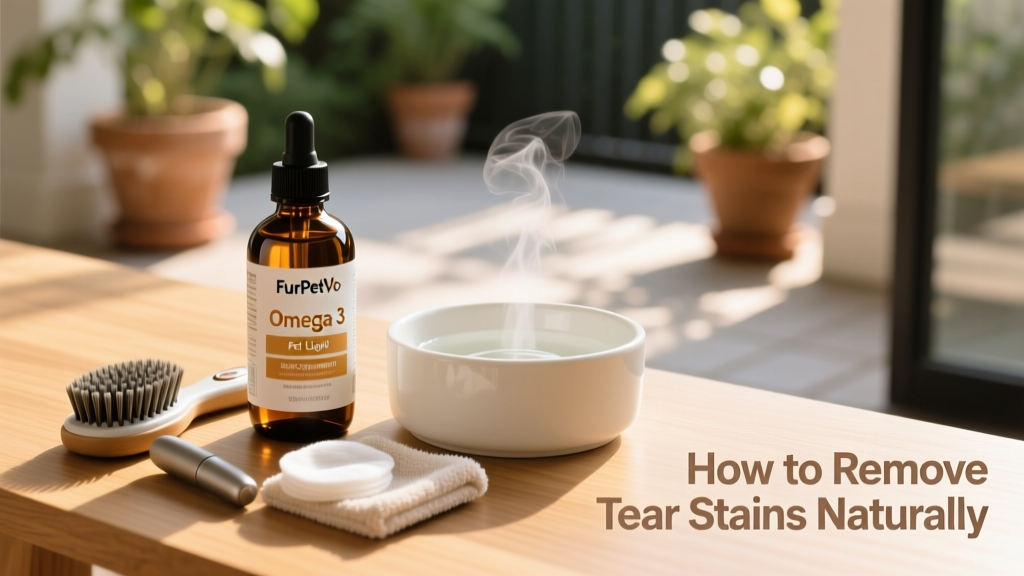 Bottle of FurPetVo Omega-3 Pet Liquid Supplement next to a clean water bowl and grooming tools