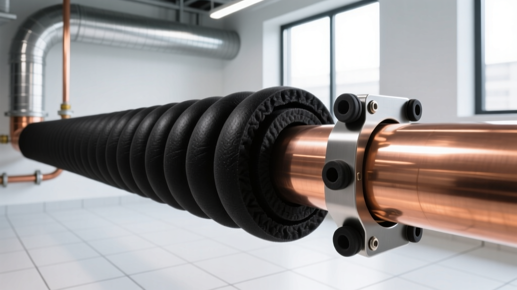 Close-up of black elastomeric foam insulation tightly wrapped around copper AC refrigerant lines secured with acoustic isolation hangers in a mechanical room