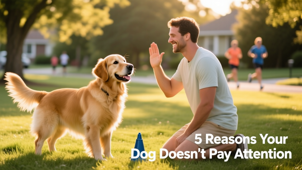 A happy dog making eye contact with their owner during an outdoor training session