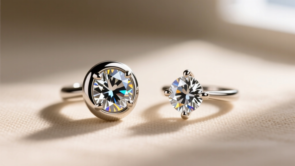 Macro shot comparing a 3/4 carat bezel set diamond earring next to a traditional 4-prong setting on a soft beige linen backdrop.