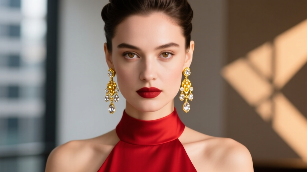 Profile of woman with updo wearing 18k yellow gold chandelier drop earrings and cherry red halter neck dress, blurred background