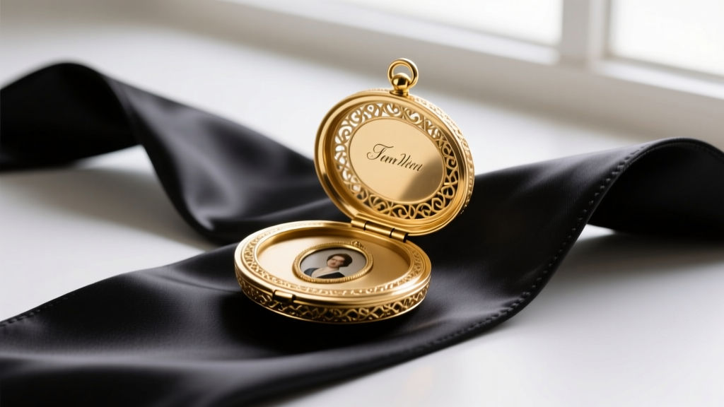 Necklace Valley 18k gold vermeil oval locket, open to show the hidden compartment, resting gently on a dark silk graduation sash