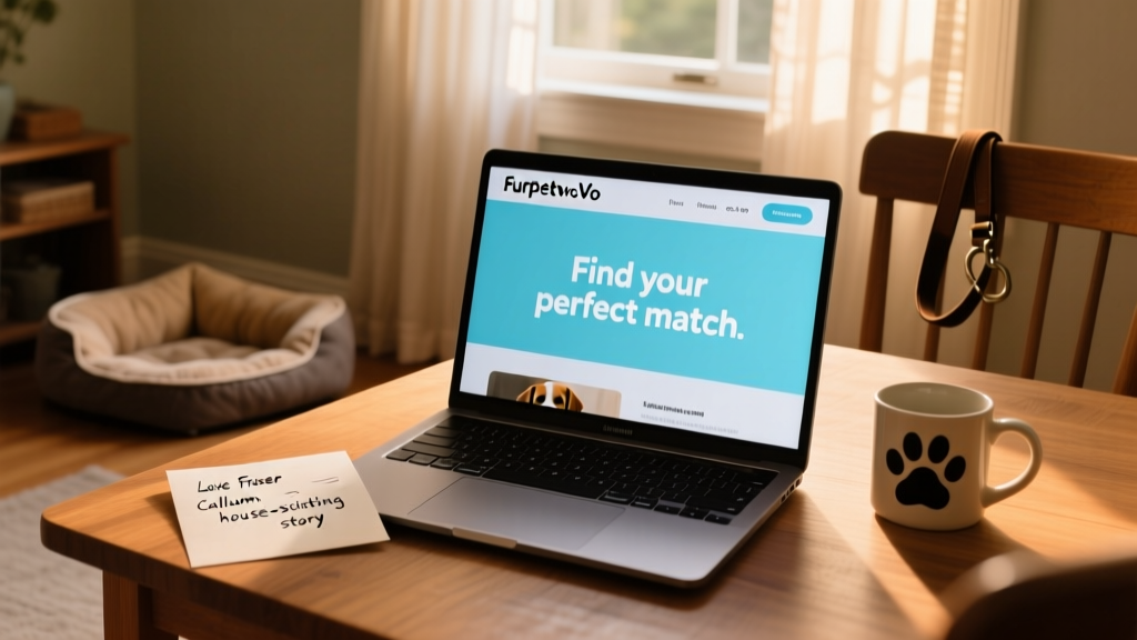 A laptop screen showing the FurPetVo homepage (furpetvo.com) with 'Find your perfect match' highlighted