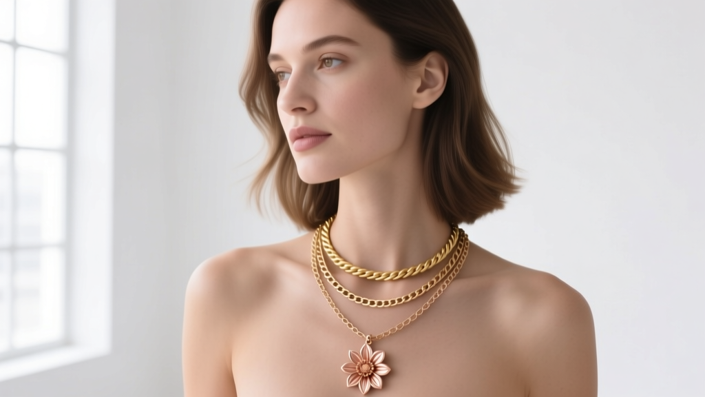 Woman wearing a layered 16-inch gold rope chain and 18-inch box chain, both featuring delicate rose gold dahlia flower pendants