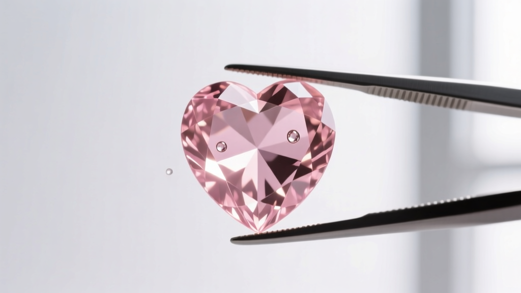 Faceted morganite heart gemstone held in tweezers, displaying a peach-pink hue and internal liquid inclusions under bright light