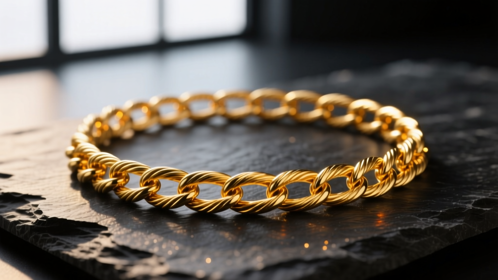 Macro shot of a 14k yellow gold cable chain on dark slate, highlighting tiny interlocking links and warm, soft metal reflections.